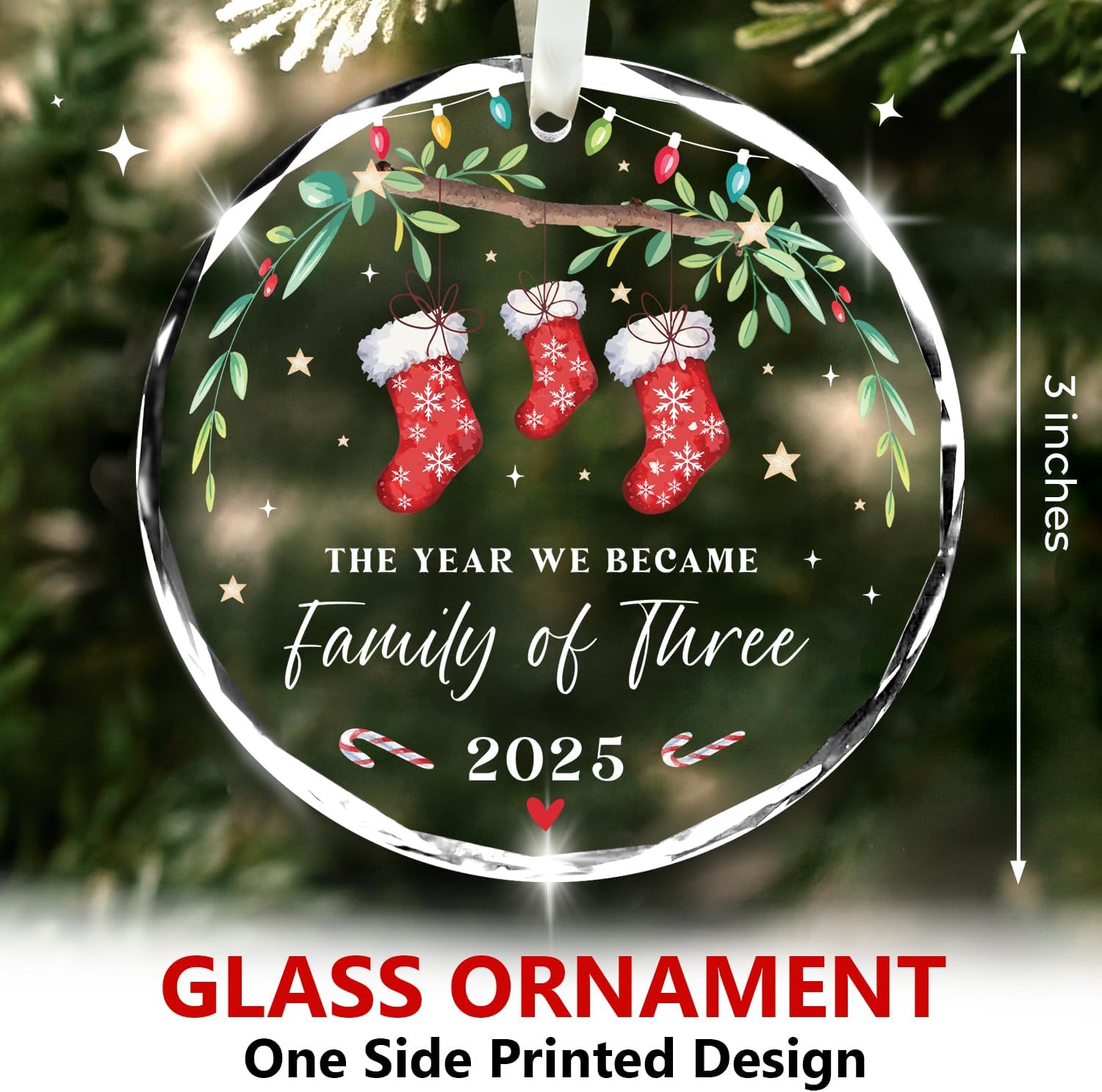 The Year We Became Family Of Three 2025 - Glass Ornament