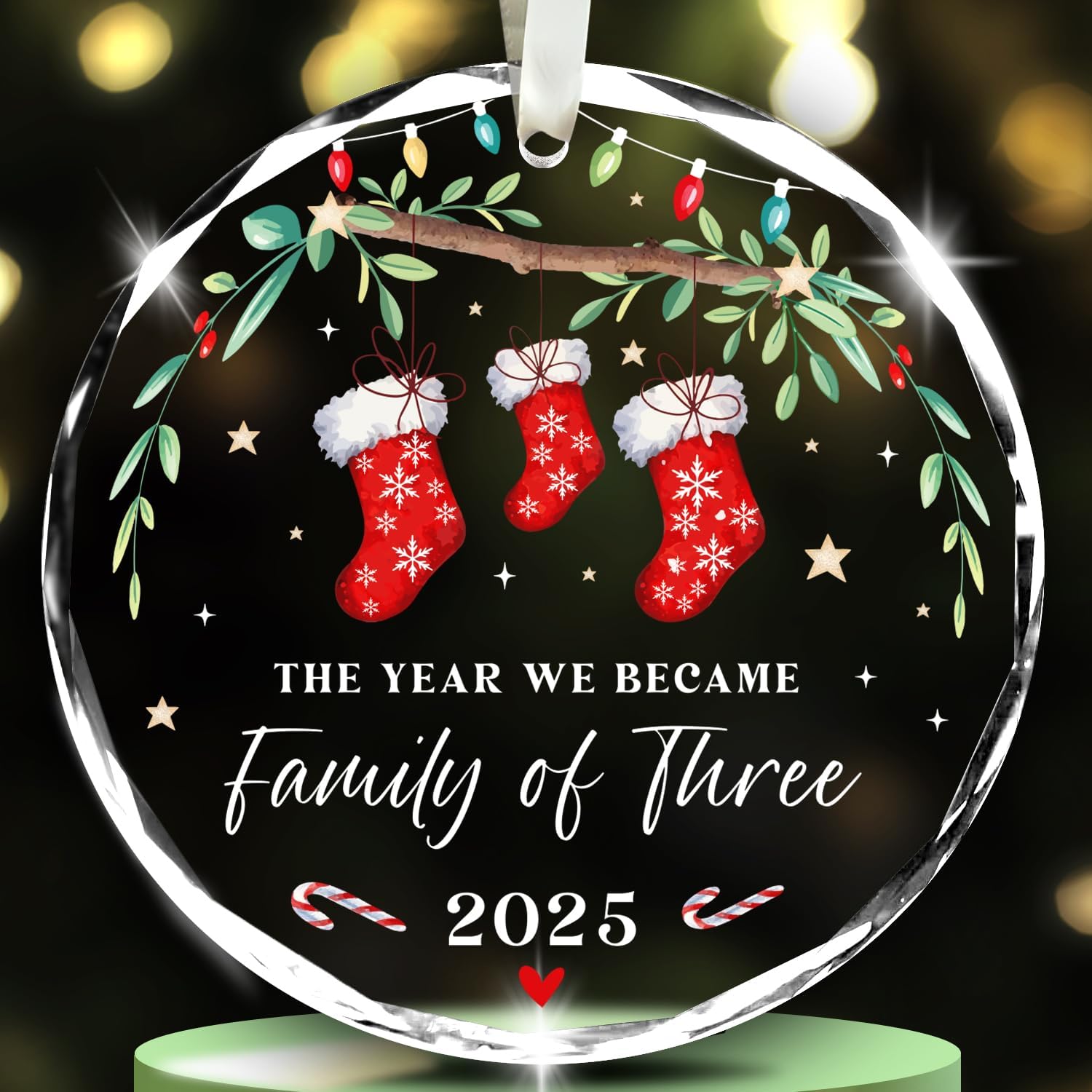 The Year We Became Family Of Three 2025 - Glass Ornament