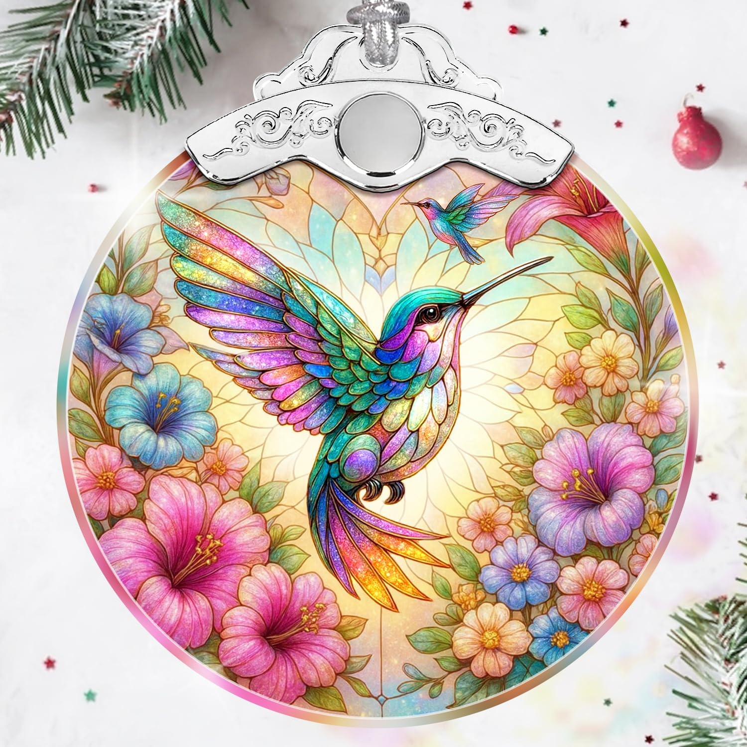 Hummingbird Merry Christmas 2025 - Stained Glass Ornament