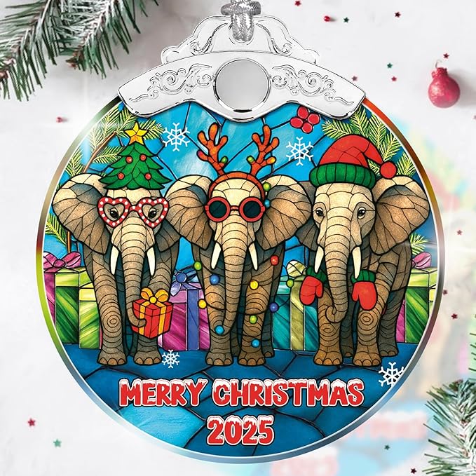 Elephant Merry Christmas 2025 - Stained Glass Ornament