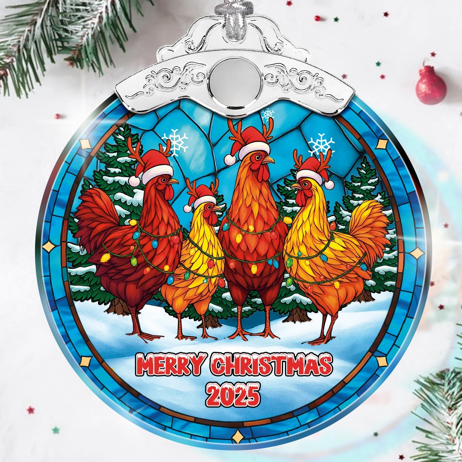Chicken Merry Christmas 2025 - Stained Glass Ornament