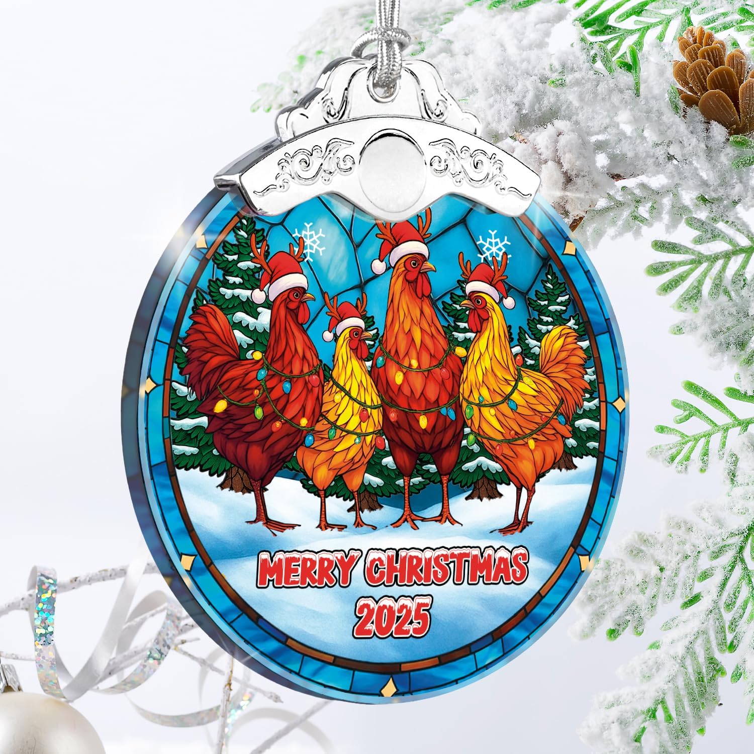 Chicken Merry Christmas 2025 - Stained Glass Ornament