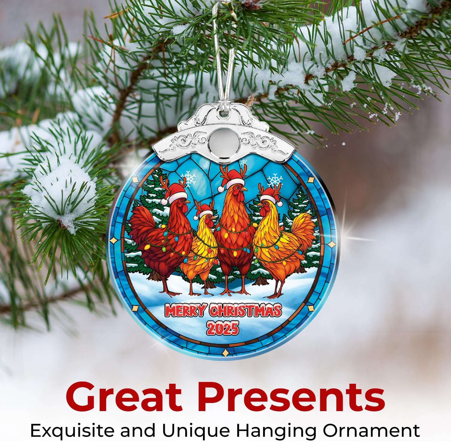 Chicken Merry Christmas 2025 - Stained Glass Ornament