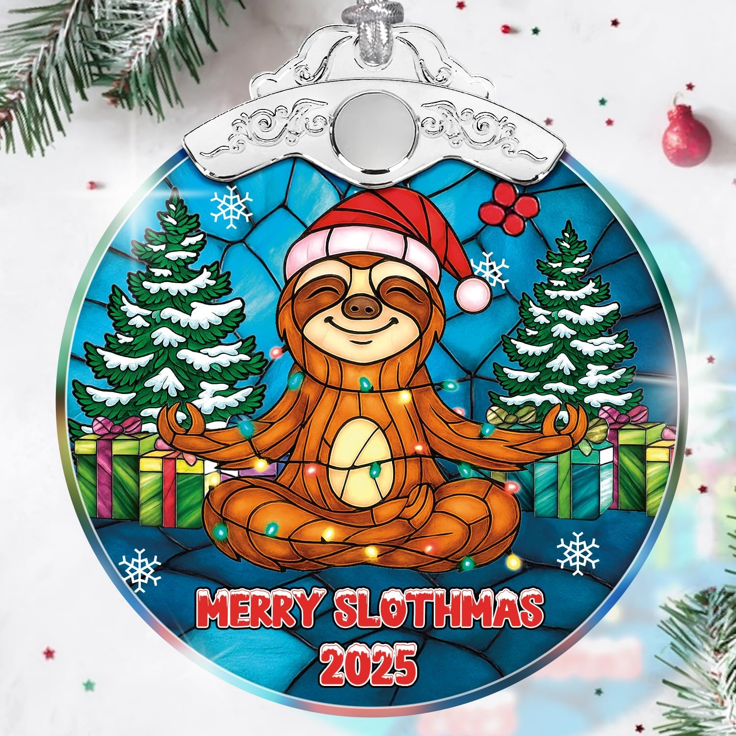 Sloth Merry Slothmas 2025 - Stained Glass Ornament