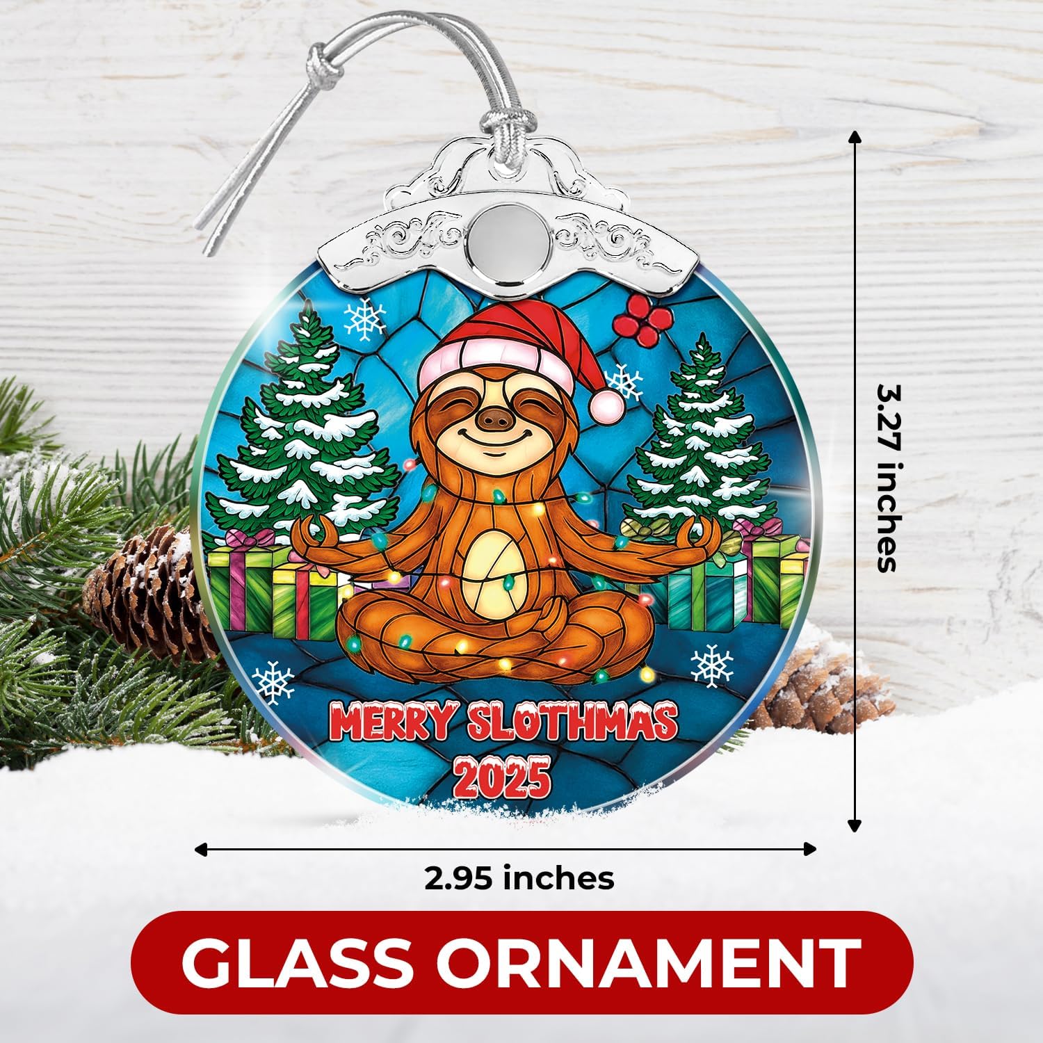 Sloth Merry Slothmas 2025 - Stained Glass Ornament