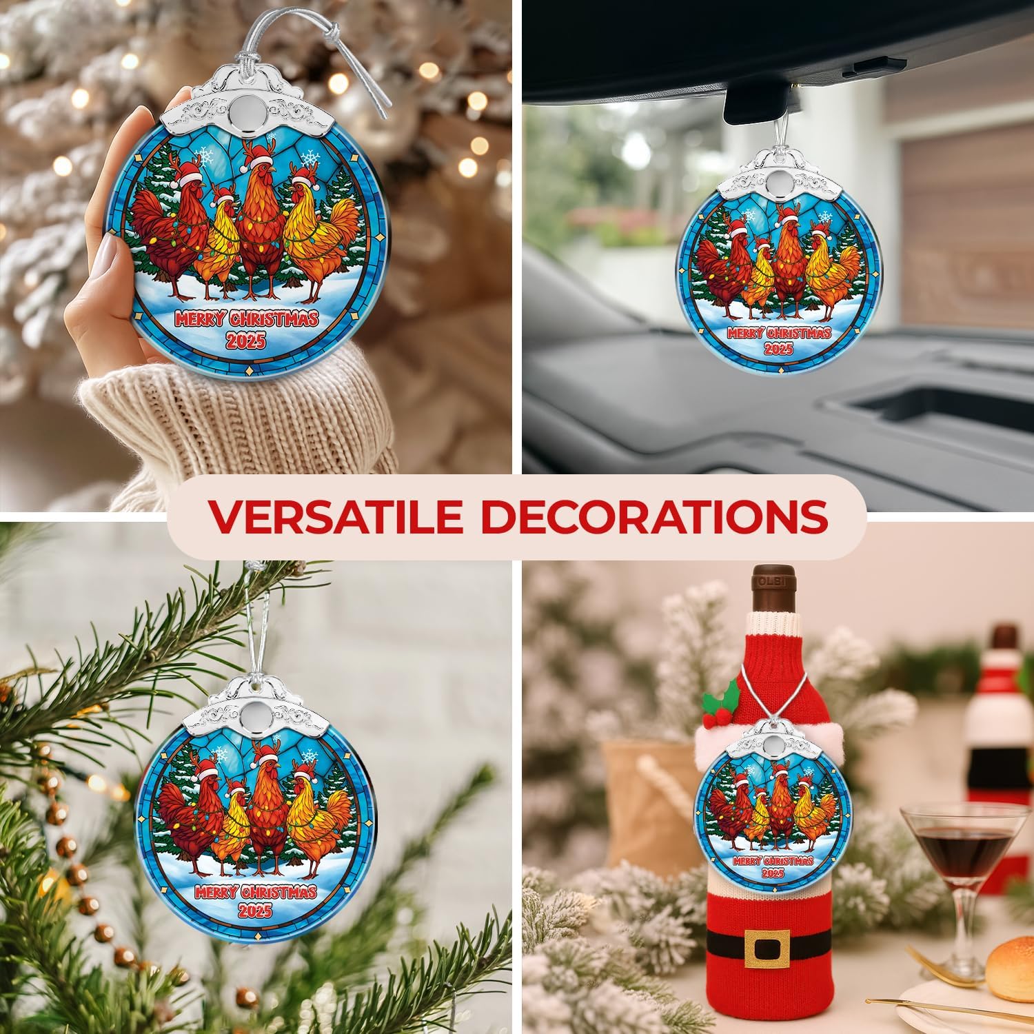 Chicken Merry Christmas 2025 - Stained Glass Ornament