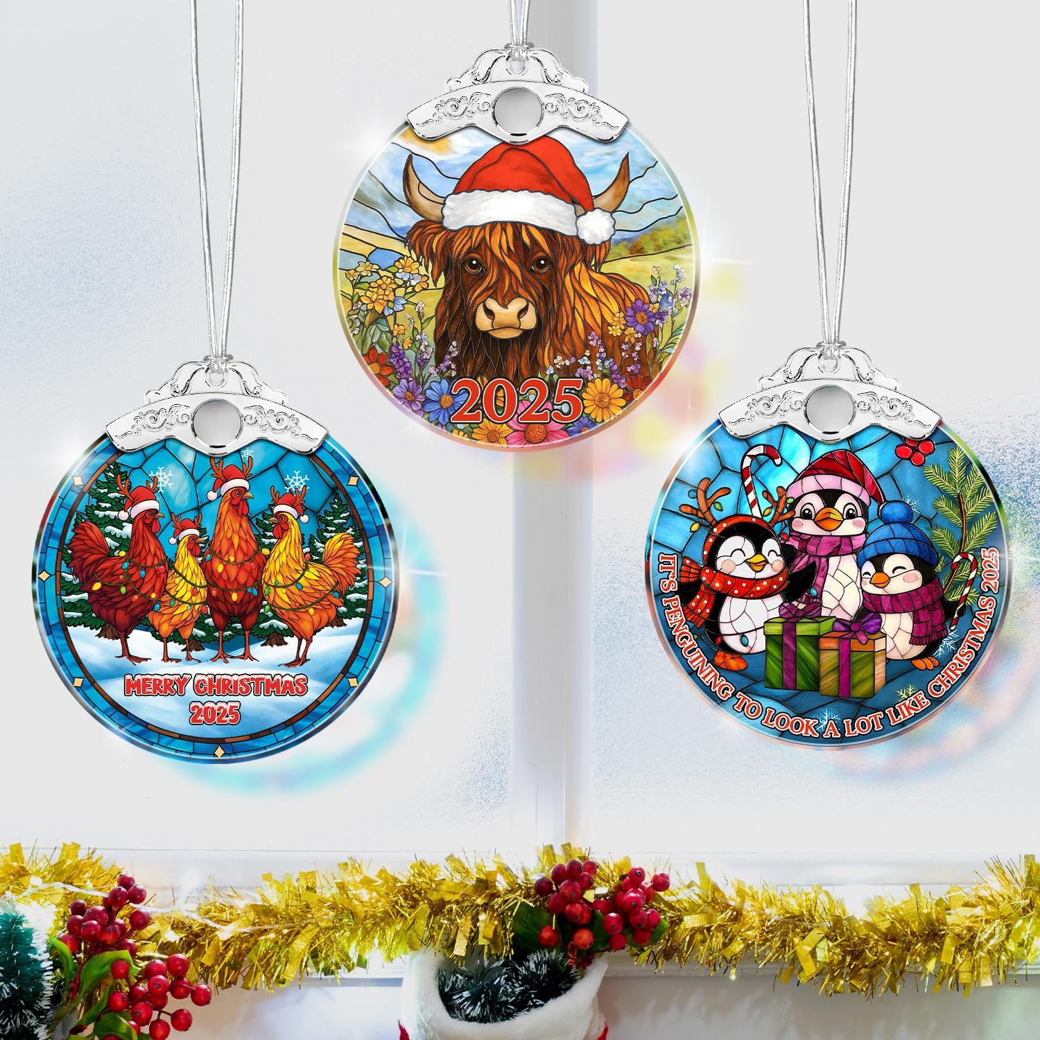 Chicken Merry Christmas 2025 - Stained Glass Ornament